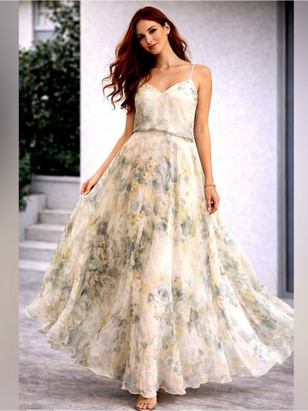 Jenny Yoo Floral Maxi Dress in Cream and Sage